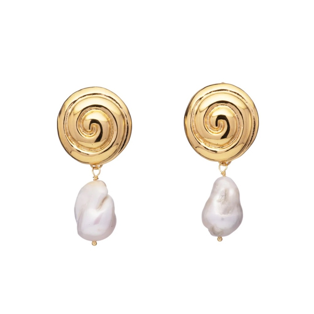 Gold Spiral Drop Earrings with White Natural Pearls - by Mayamar